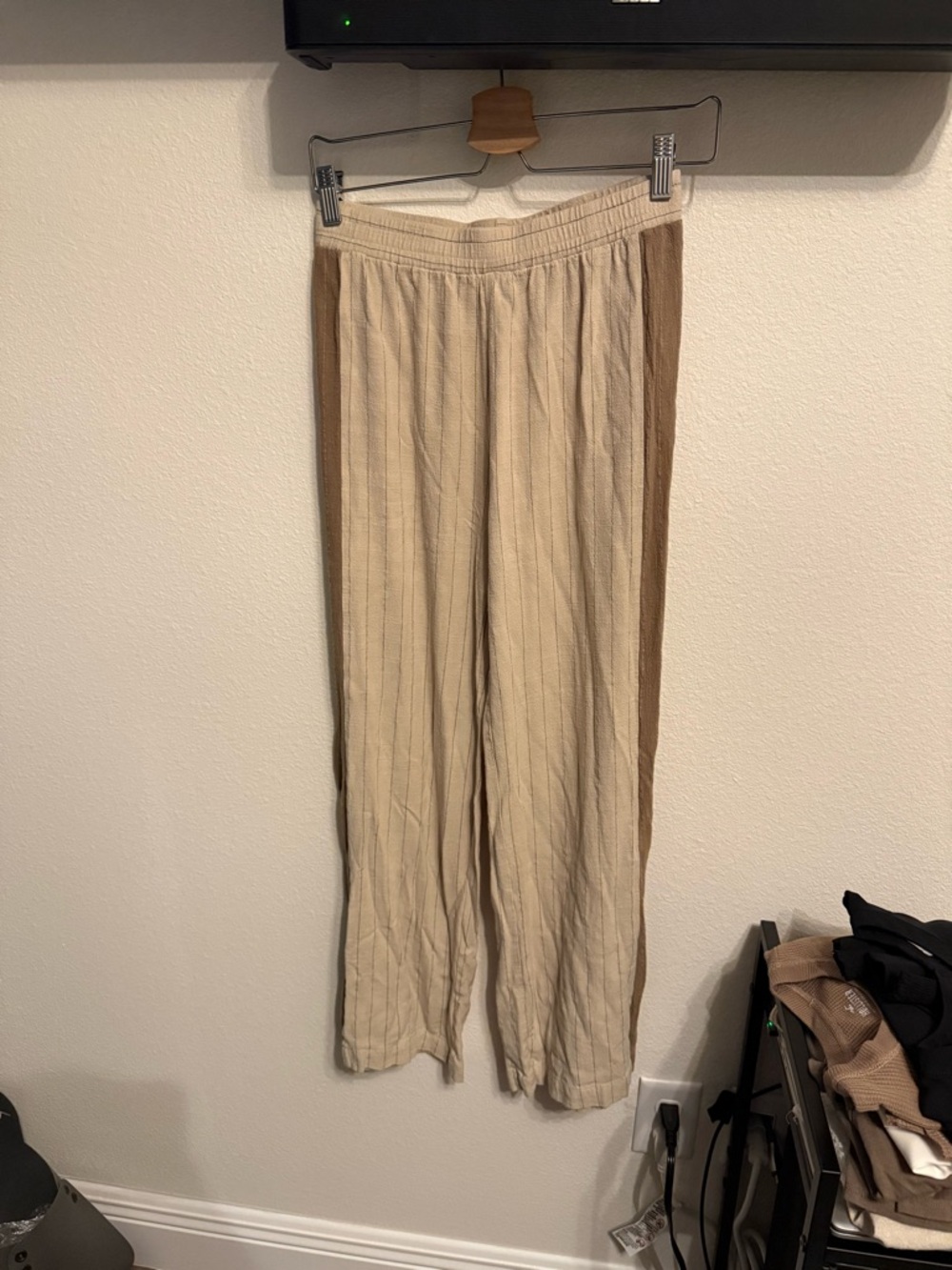 Beige Straight-Leg Side-Stripe Pants
